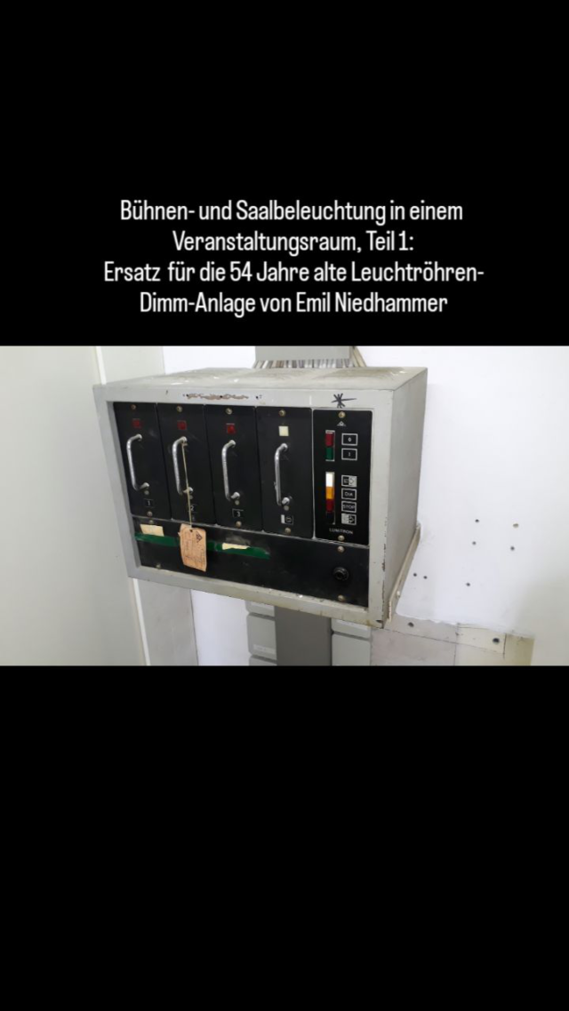 Bühnen- und Saalbeleuchtung in einem Veranstaltungsraum,Teil 1: Ersatz der Leuchtröhren Dimmer Anlage von Emil Niedhammer von 1971.
Die Anlage hat ihren letzten Einsatz Tag am 28.06.25 gehabt und bis zum Schluss funktioniert. Die neuen Dali-2 Dimmer für LED Röhren sparen natürlich enorm viel Energie: Nur die ersetzten Röhren in diesem Teil sparen pro Veranstaltungstag ca.11 kWh Stromverbrauch.
:
:
:
#beleuchtungstechnik #meisterbetrieb #igersludwigshafen #powerrentveranstaltungstechnik #deinludwigshafen #lichttechnik #festinstallation #emilniedhammer #ludwigshafengram #powerrentludwigshafen #veranstaltungstechnik #bühnentechnik #ledtechnik #meisterpetri