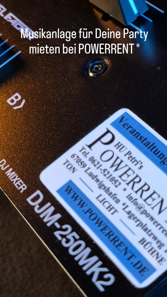 Musikanlage für Deine Party mieten bei POWERRENT ®.Inkl. Subwoofer, Pioneer Mischpult, Lautsprecher mit Stativen und Laptopkabel bzw. Handykabel.Deine Party wird Klasse mit der Anlage!
#partyequipment #musikanlagen #mieten #pioneer #ludwigshafengram
